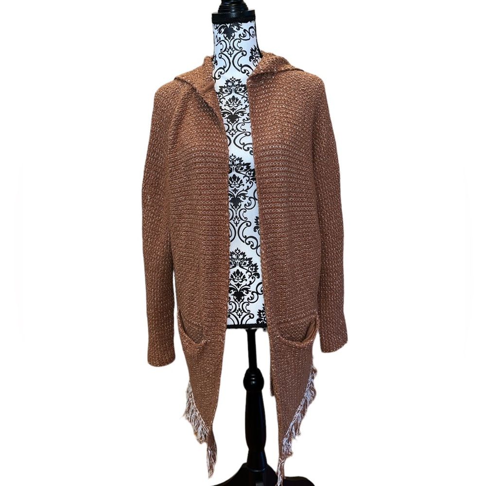 Free People Brown Speckled Hooded Fringe Cardigan/Sweater - Picture 3 of 9